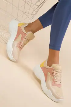 

SOHO Fashion Women Casual Sneaker High Quality Female Casual Lace-up Mesh Breathable Sport Shoes Thick Sole Pink 13678