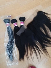 Funky chica Malasia recto de oreja a oreja, cierre Frontal de malla con 3 mechones de cabello Remy 28 30 pulgadas extensiones de cabello humano mechones con Frontal