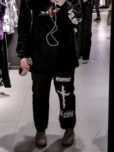 QWEEK-pantalones de pierna ancha estilo Punk Hippie para mujer, ropa de calle Harajuku gótico, estilo de calle de Anime, estampado gótico negro, Hip Hop