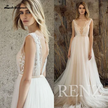 Lakshmigown-Encaje Chic vestidos de novia bohemia, vestidos de novia de tul blanco con cuentas y cuello de pico, vestido de novia bohemio 2021
