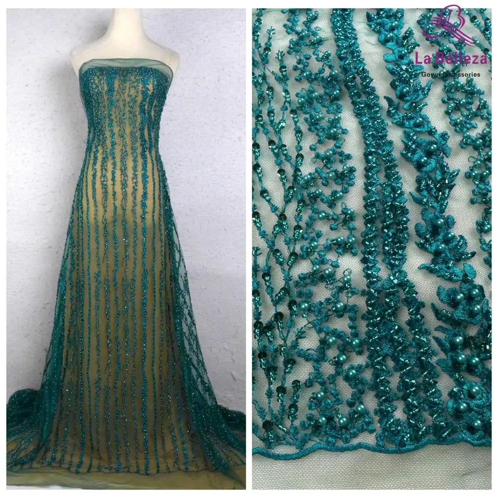 La Belleza 1 ярд Тяжелая ручной работы бисером ткань 5" Ширина зеленый свадебное платье кружевная ткань