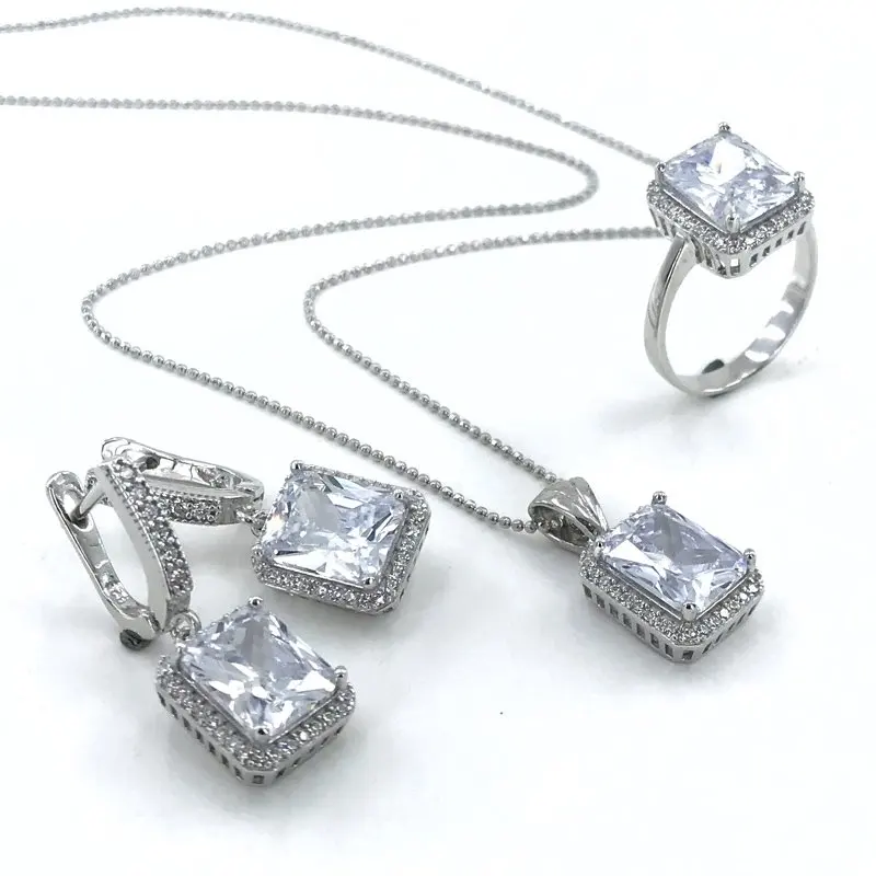 Baguette White Zircon Gold Montür Silver Set Suit