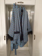 Chaqueta Kimono con estampado azul para mujer, trajes con mangas de plumas, pantalones de pierna ancha, ropa Vintage de dos piezas, novedad de 2021