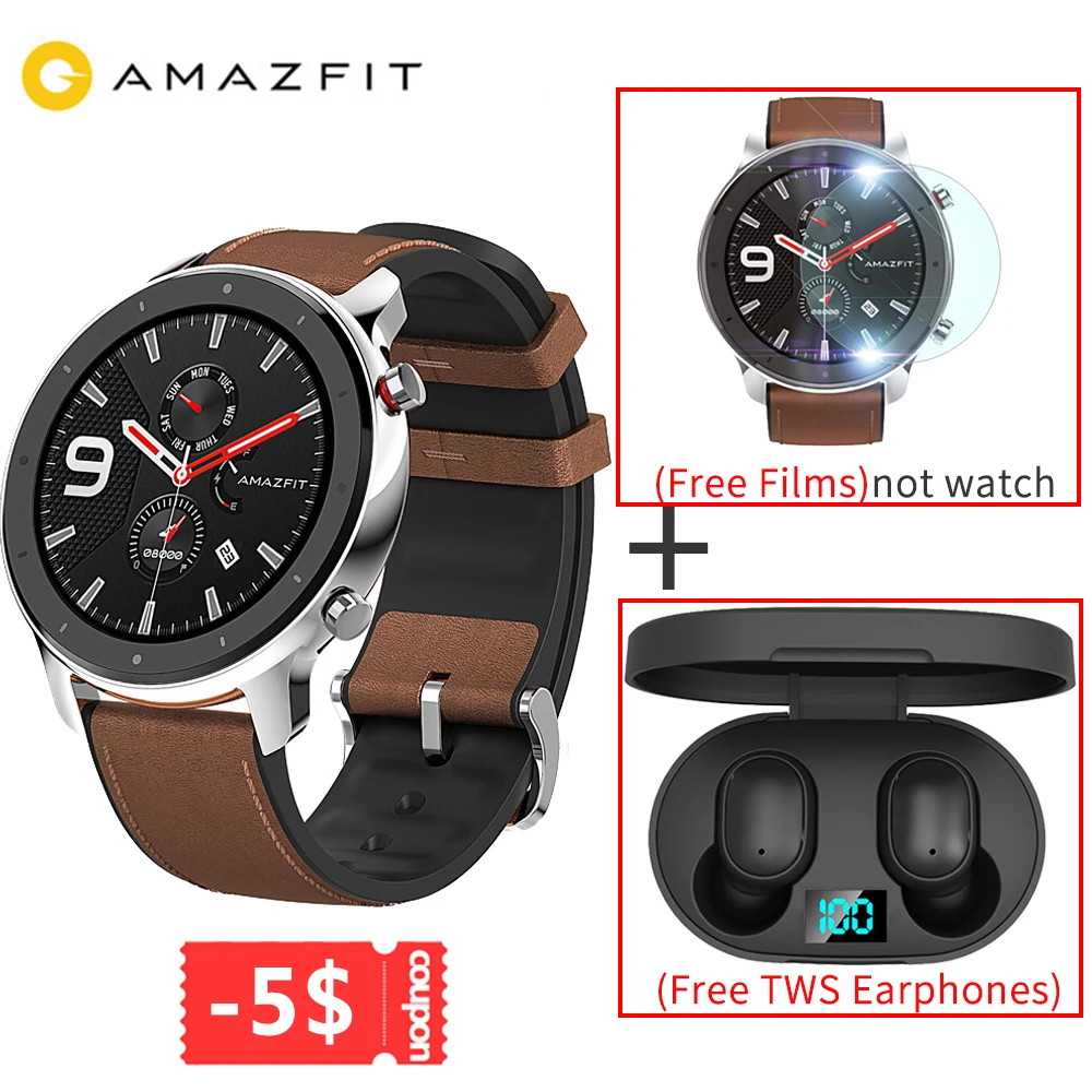 TWS гарнитура глобальная версия AMAZFIT GTR 47 мм Смарт часы gps 5ATM водонепроницаемый музыкальный контроль 24 дня батарея для Android IOS - Цвет: Steel Silver Watch