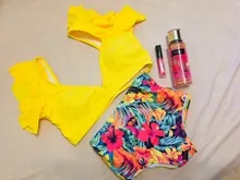 Conjunto de Bikini con volantes de cintura alta para mujer, bañador Sexy con volantes, traje de baño de dos piezas, ropa de playa Floral con cuello en V, 2020