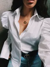 Señoras manga linterna blusa elegante camisa de las mujeres blanco negro Casual botón Vintage cuello Oficina camisa Mujer