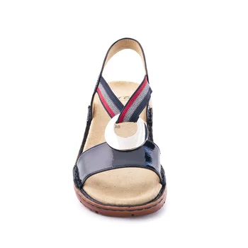 

WOMAN'S sandal comfort pointed patent leather navy blue with elastic in the shovel and adornment in silver. Brand Ara