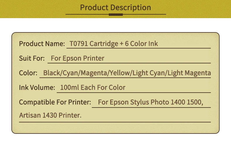 Toney universal(король T0791 чернилами картриджи для epson artisan 720WD 730WD 800FW 810FW 820FWD 830FWD принтер+ контейнер с чернилами для 6 × 100 мл