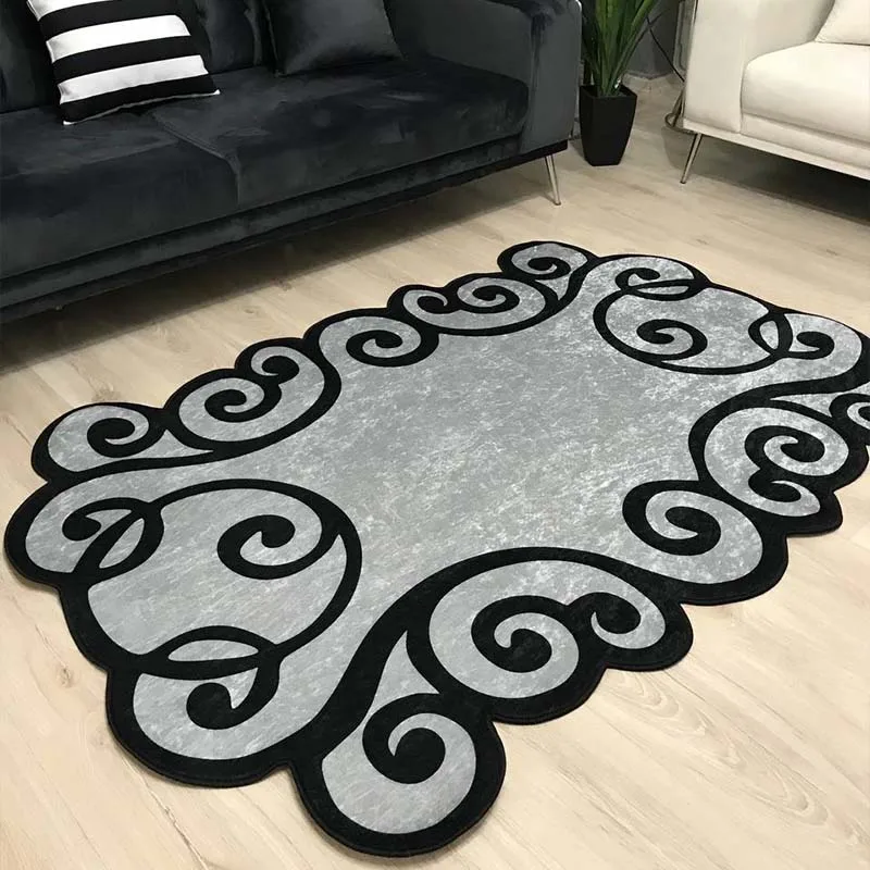 

Laser Cut Grey And Black Salon Rug Home Decoration Trend Model Anti-slip Artificial Leather Base Thai Hair Fabric Runner Carpet