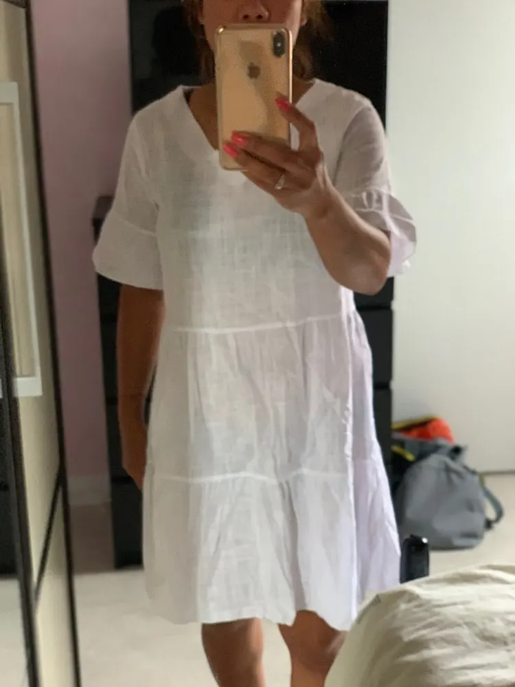 2019 Summer Beachwear Deep V Necek Short Sleeve White Ruffled A-line Mini Dress Women Dress Sexy Dress reviews №1 28209
