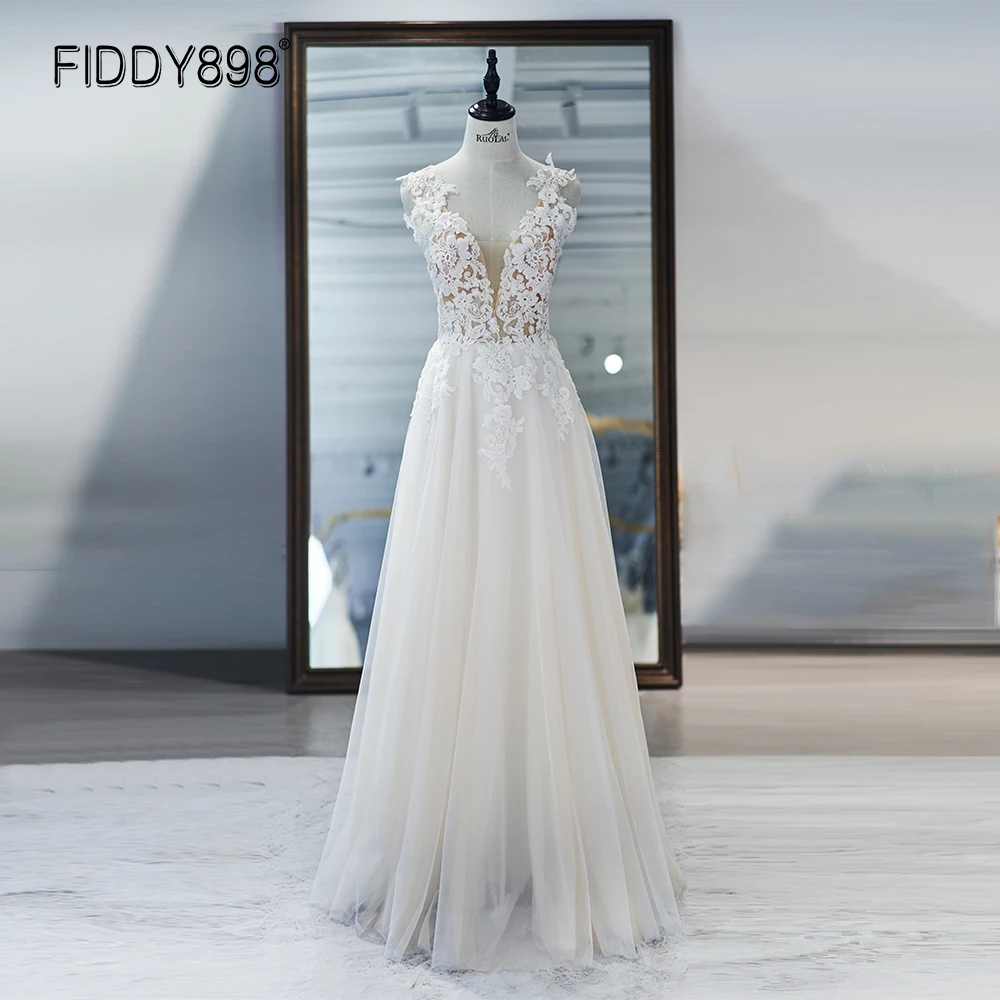 

Bohemian Wedding Dress 2020 Boho Backless Sleeveless Beaded Lace Floor Length Bride Gown for Women Vestido De Fiesta de Boda