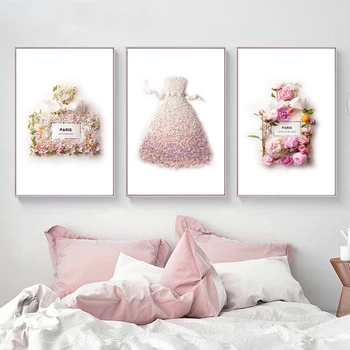 

Fashion Flower Dress Prints Blush Pink Perfume Floral Bottle Posters Nordic Luxury Decor Wall Art Canvas Painting Home Decor