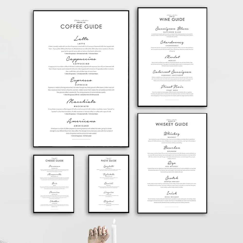 

Coffee Guide Whiskey Wine Posters and Prints Pasta Cheese Wall Art Canvas Painting Wall Pictures for Kitchen Room Art Wall Decor