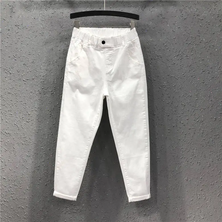 Весенние женские штаны длиной до щиколотки размера плюс, однотонные хлопковые джинсовые свободные штаны-шаровары, белые черные джинсы с эластичной резинкой на талии