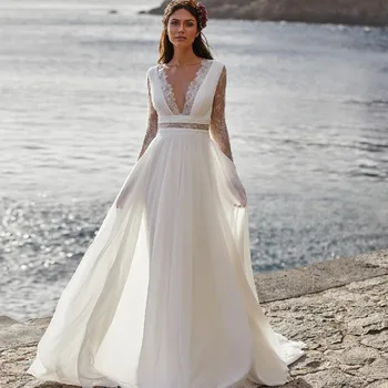

Bohemian Wedding Dress 2021 Long Sleeve V-Neck Floor Length Chiffon A-Line lace Back Bridal Gowns With Belt Charming For Women