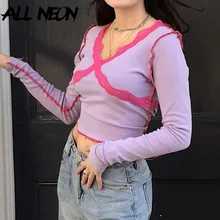 Cheap ALLNeon E-girl Aesthetics Cross Pink Lace Trim Stitch Violet T-shirts Sweet V-neck Long Sleeve Cropped Tops Vintage 90s Fashion Cheap ALLNeon E-girl Aesthetics Cross Pink Lace Trim Stitch Violet T-shirts Sweet V-neck Long Sleeve Cropped Tops Vintage 90s Fashion