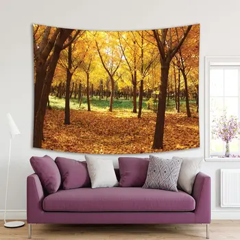 

Tapestry Golden Leaves Autumn Nature Seasonal Forest Scene Tall Trees Peaceful Environment Yellow Brown Green