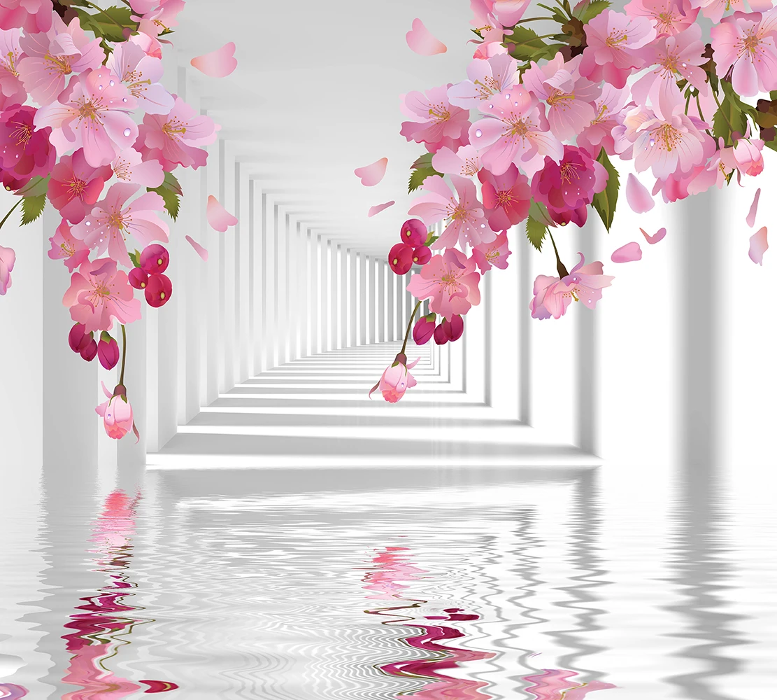 Wall mural category three-dimensional art T-211 pink flowers in tunnel 3d wallpaper for walls Photo decorative vinyl wallpapers home decor room