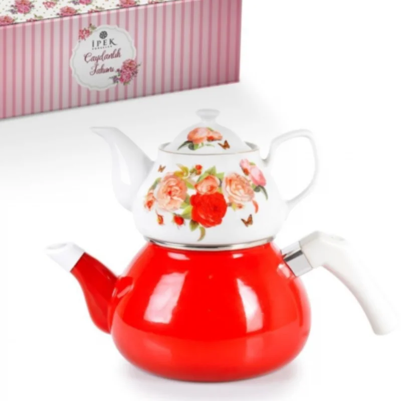 

First Quality Porcelain And Enamel Teapot With Motifs Turkish Tea Kettle Set Nostalgic Rose Patterned Enamel Free Fast Shipping