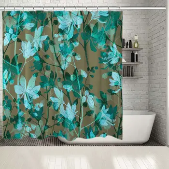 

Shower Curtain Flowers Leaves Plant Branches of Foliage Summer Garden Night View Boho Chic Artwork Printed Blue Brown