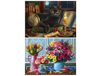 Алмаз. раскраска. Двусторонняя картина (класс.) 30*40. Черный кот. Яркие цветы. Арт. НД-1942