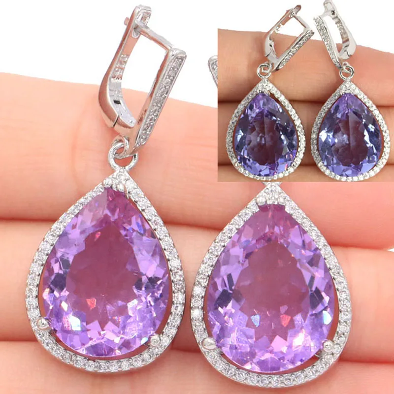 Ladies Jewelry Set Water Drop Color Changing Alexandrite Topaz CZ Silver Earrings Pendant