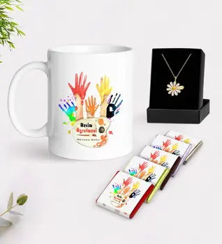

Personalized Art Teacher White Mug Chocolate and Is Daisy Necklace Gift Seti-3