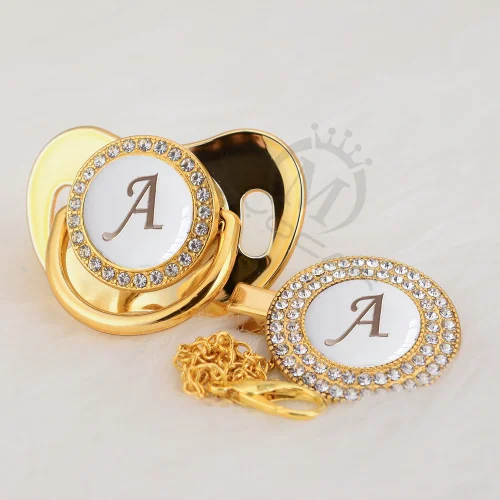 MIYOCAR Gold silver name Initials letter white elegant A beautiful bling pacifier and pacifier clip BPA free dummy bling LA-W - Цвет: LA-8-W   6-18M