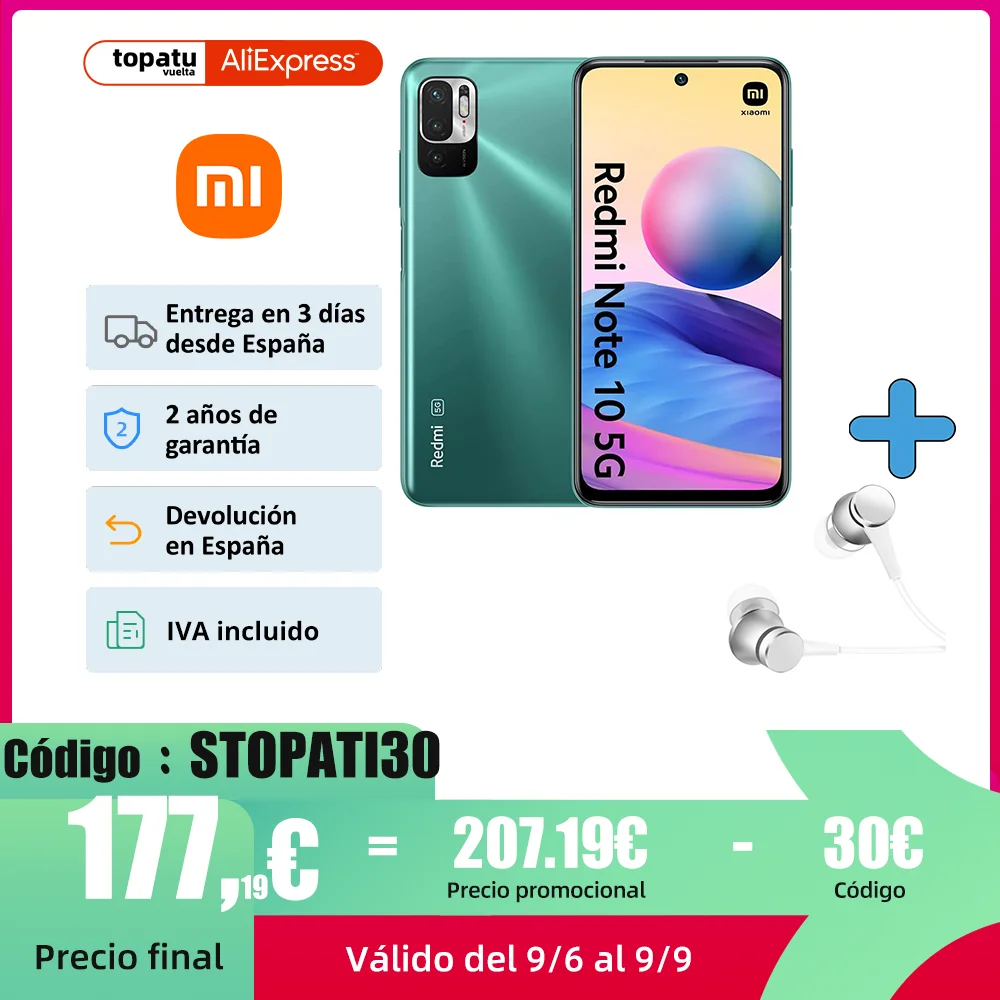 Xiaomi Redmi Note 10 5G pantalla 6,5 ”90Hz AdaptiveSync DotDisplay Triple Cámara 48MP Versión mundial Garantia Oficial En Europa