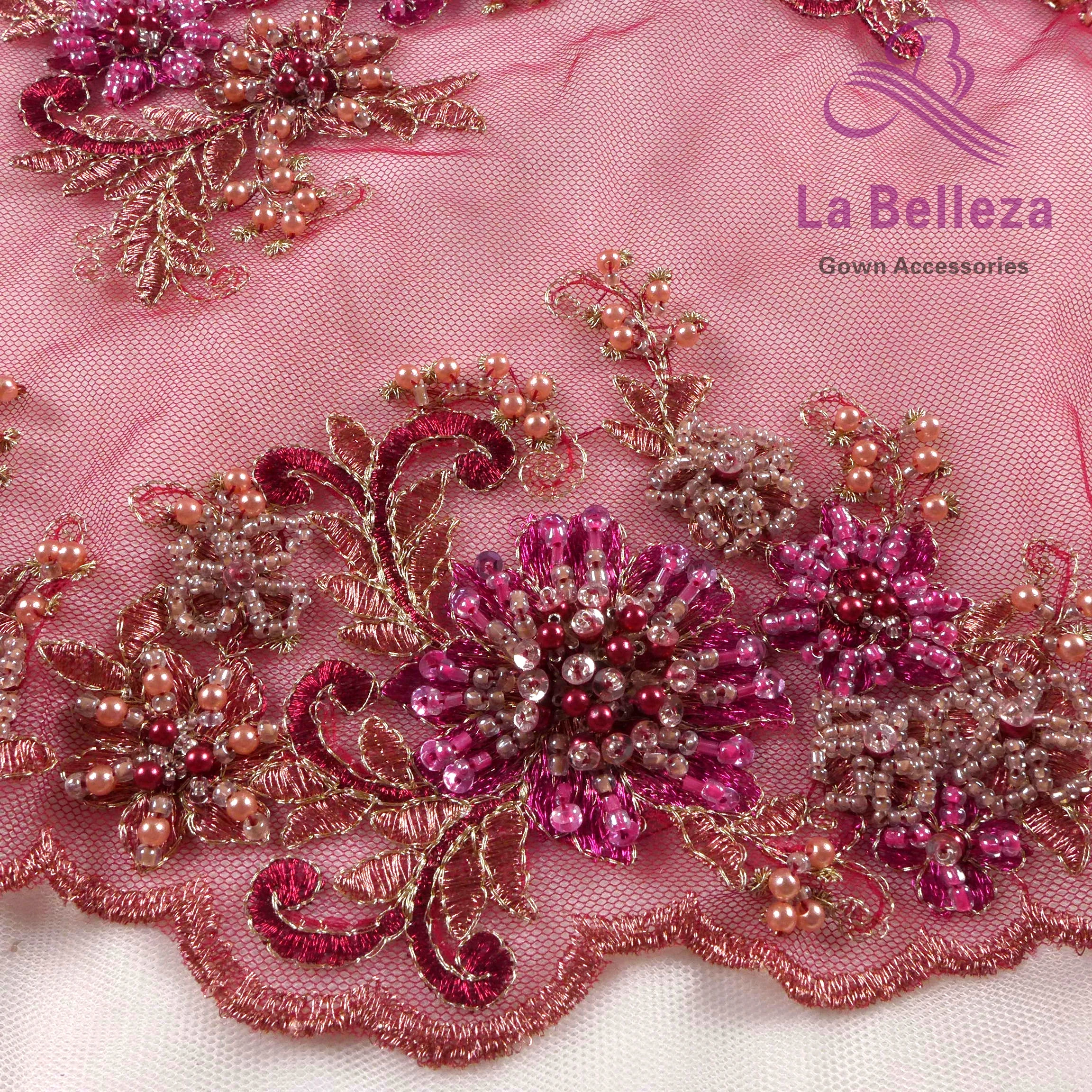 La Belleza дизайн, Смешанная бисерная кружевная ткань, розовое тяжелое Бисерное Кружево 1 ярд