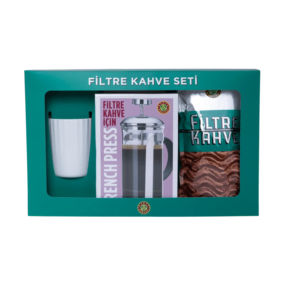 

Filter Coffee Set. 250g Filter Coffee, 350ml French Press and 1 mug cup All in one fılter coffee set.