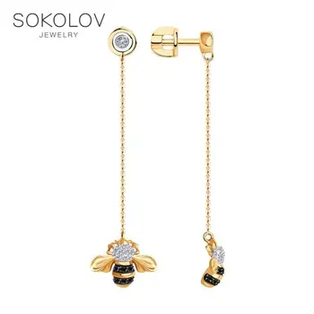 

Sokolov drop earrings with stones in gold with diamonds and black clad diamonds, fashion jewelry, 585, women's male, long earrings