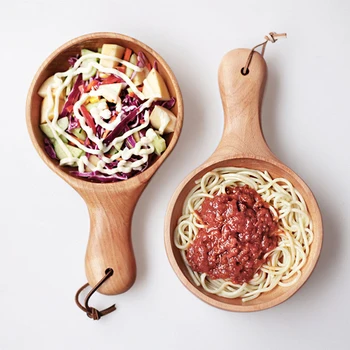 

ADOREHOUSE Nordic Round Wood Bowl with Handle Creative Dessert Fruit Serving Tray Dinnerware Wooden Kitchen Plate Japanese Goods