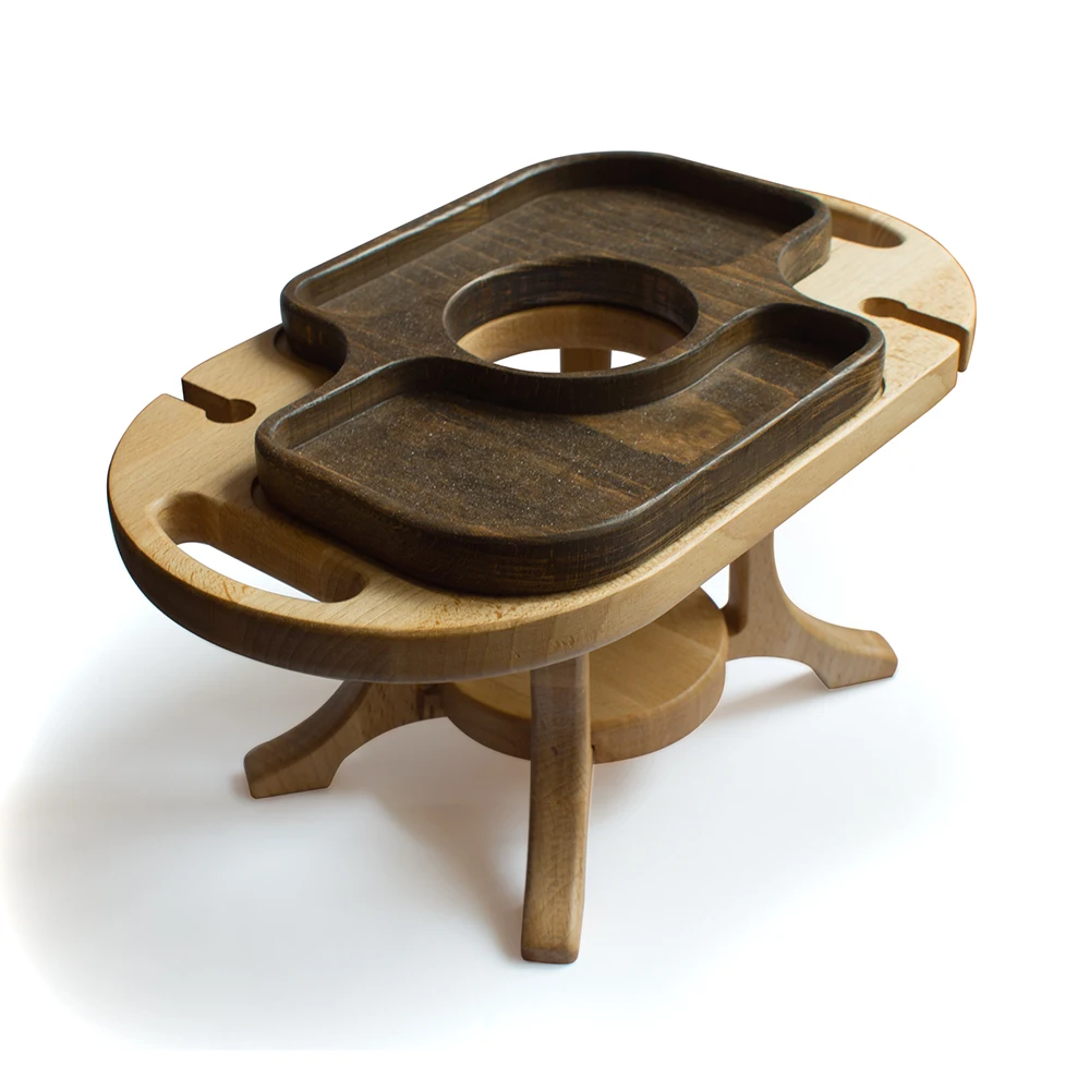 Столик винный сервировочный из дерева для двух бокалов и бутылки. Wooden wine holder afbeelding