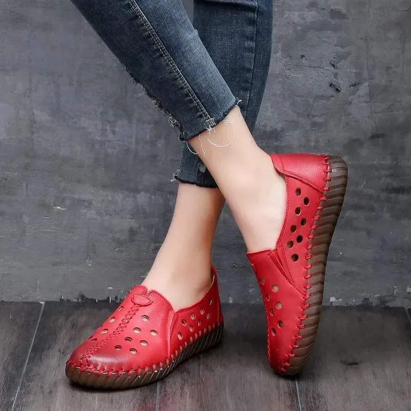 Cheap Square Toe Yellow Loafers Women Soft Leather Flats Big Size 42 Ladies Hollow Out Flat Shoes Woman Flats Embroidery Loafers