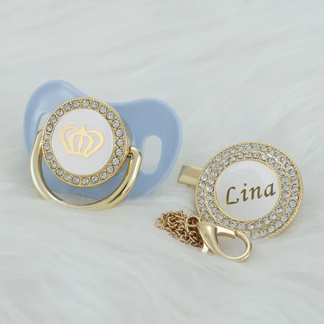 MIYOCAR custom name pacifier clip bling white crown pacifier and pacifier clip set luxurious unique gift PCW light blue  0-6m