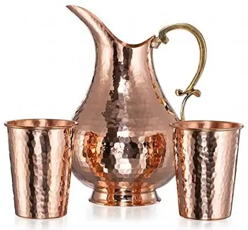 

Thickest Heaviest Hammered 1mm Copper Tumbler Cup Mug Set with Pitcher for Water Moscow Mule Ayurvedic Healing (Pitcher&2Tumbles