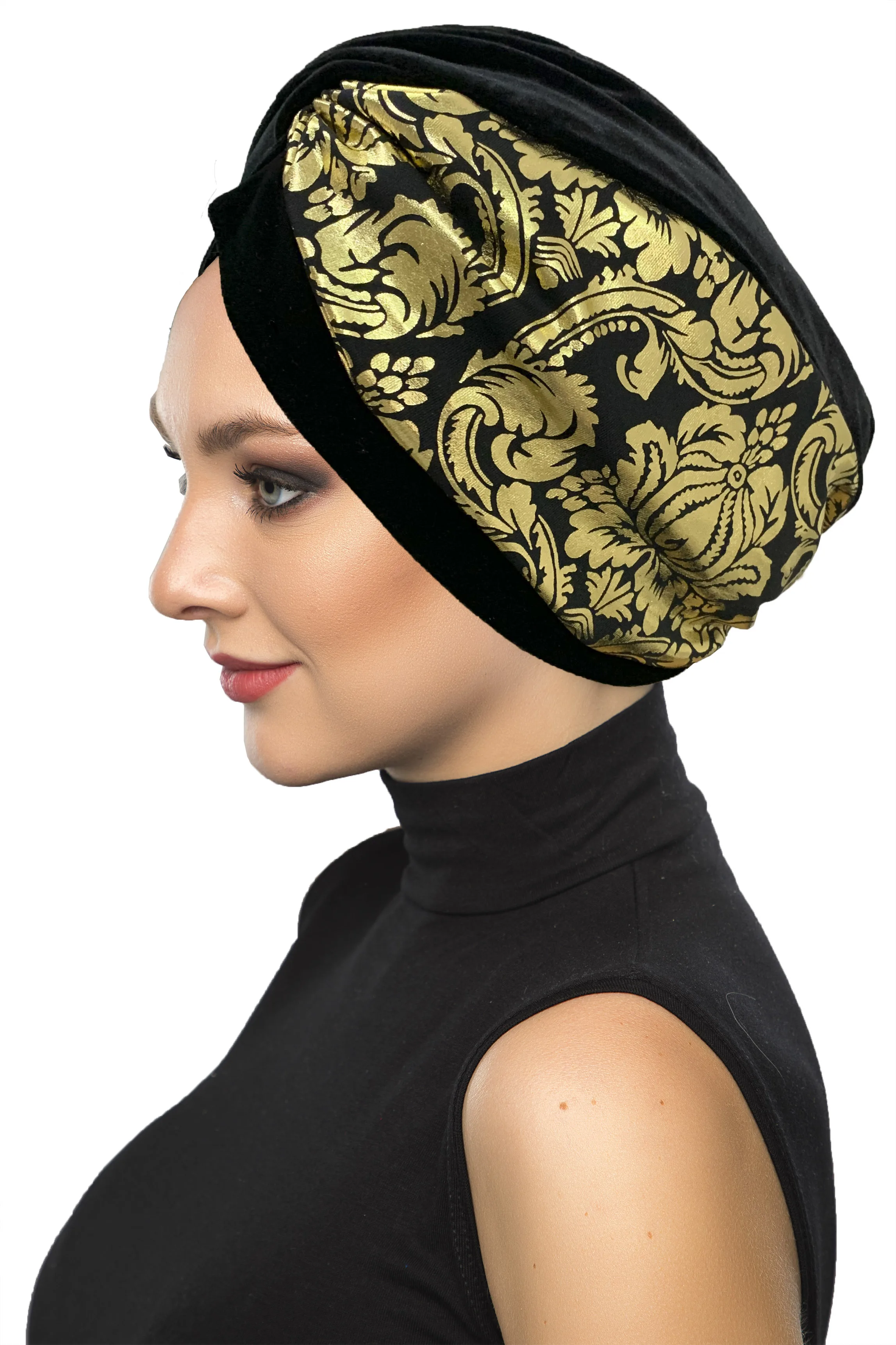 2022 New Fashion Velvet Golden Ottoman Pattern On Black Ready Made Turban Hijab Bonnet Scarf Cancer Cap Special Women Product Beret Muslim Liner Chemo All Season Rib Lame Pearl Bead Custom Design