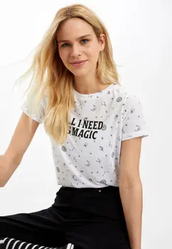 

DeFacto Woman Short Sleeve T-Shirt Women Casual White Top Tees Women Cute Cartoon Image Tees White T-Shirt-N0902AZ20SP