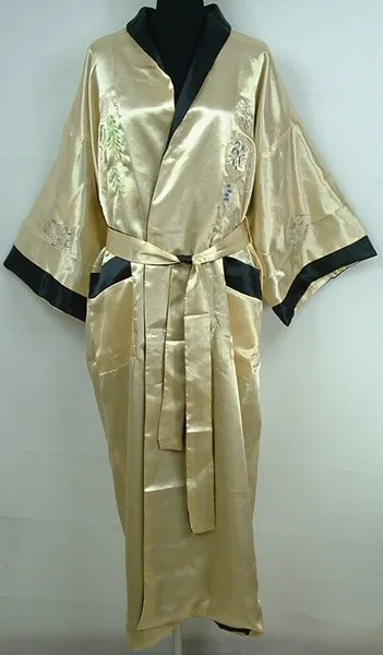 Золотой двусторонний Китайский Мужской Шелковый Атласный халат с вышивкой кимоно банное платье Дракон один размер S0005