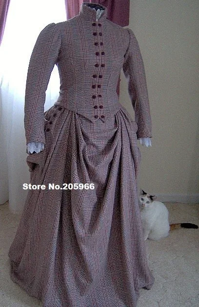 1800s Plaid Wool Victorian Dress 