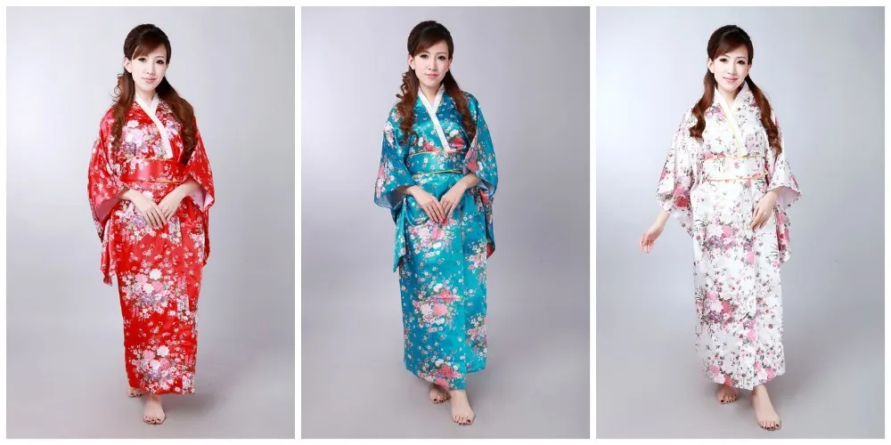 Белый японский Для женщин шелковый атлас кимоно юката вечернее платье цветок один размер H0044