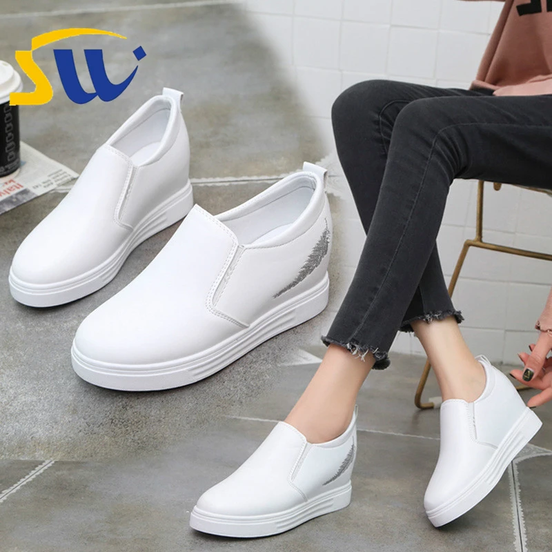 

SWONCO Black Shoes Sneakers For Women Platform Sneakers Wing Embriodery Stdent Causal Shoes Slip On Wedge Heels Chunky Sneaker