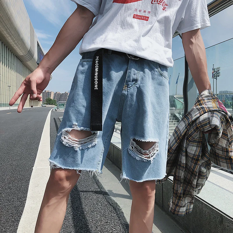 2019 весна и новые летние популярные корейские Повседневное Для мужчин качества модные хип-хоп Твердые Цвет сломанной Джинсовые шорты