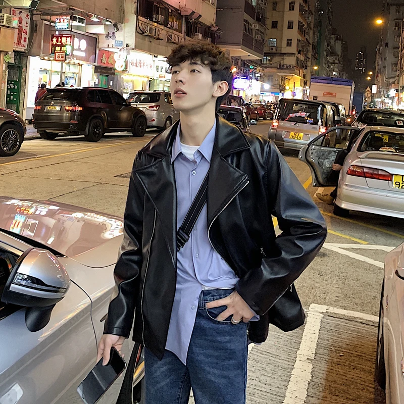 

2019 New Summer And Autumn Korean Casual Couple Men's Solid Color Long-sleeved Trend Motorcycle Leather Jacket M-2XL Size Best