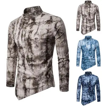 

Fall men's shirt casual button irregular collar shirt long sleeve vertical jacket with large long sleeves