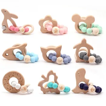 

Natural Wood Teether Baby Bracelets Various Animal Modeling Jewelry Teeth Organic Silicone Beads Teether Baby Handmade Toys