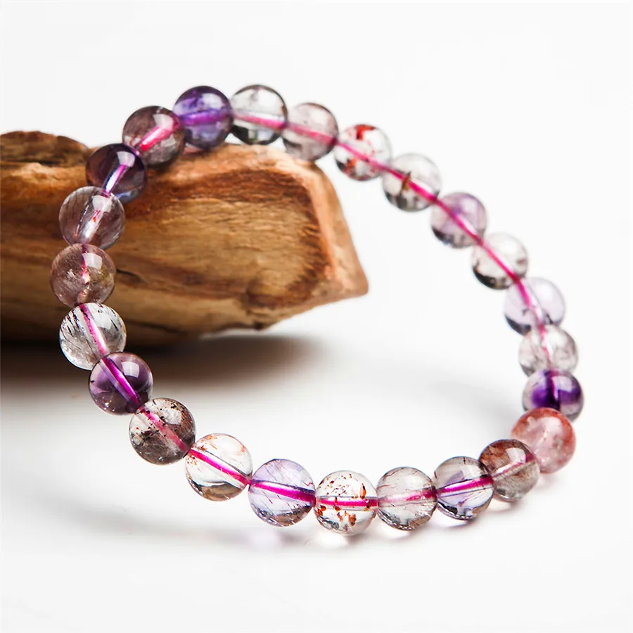 

Natural Super 7 Seven Purple Hair Rutilated Quartz Crystal Melody Stone Transparent Round Bead Charm Bracelets 7.5mm For Women