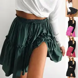 Модная женская полиэфирная Повседневная однотонная Сексуальная короткая юбка трапециевидная юбка с лепестками лотоса с волнистым краем