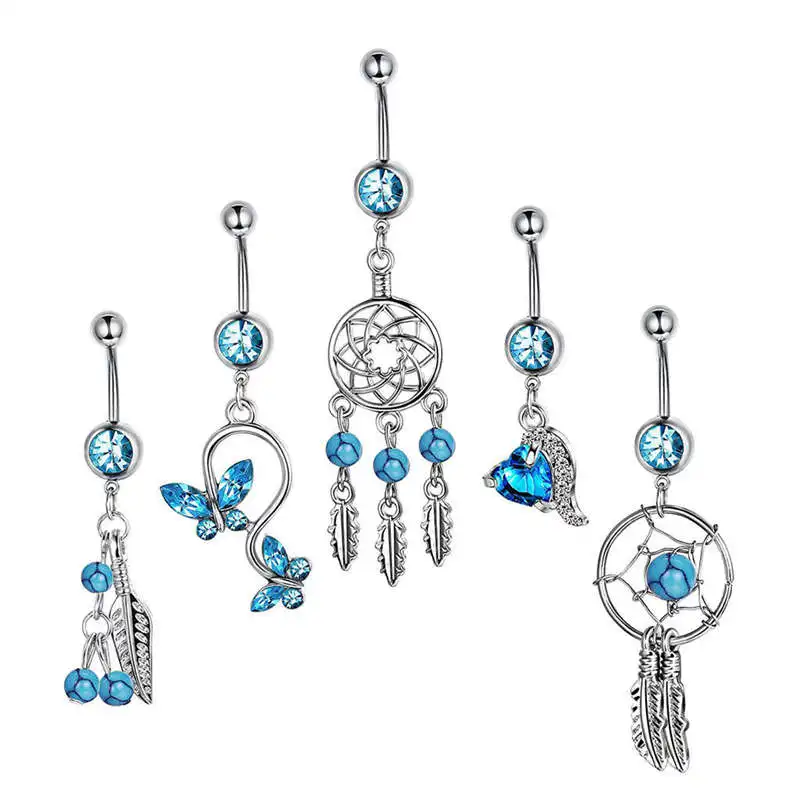 

5Pcs Women Dream Catcher Zircon Hollow Bar Body Piercing Jewelry Belly Rings